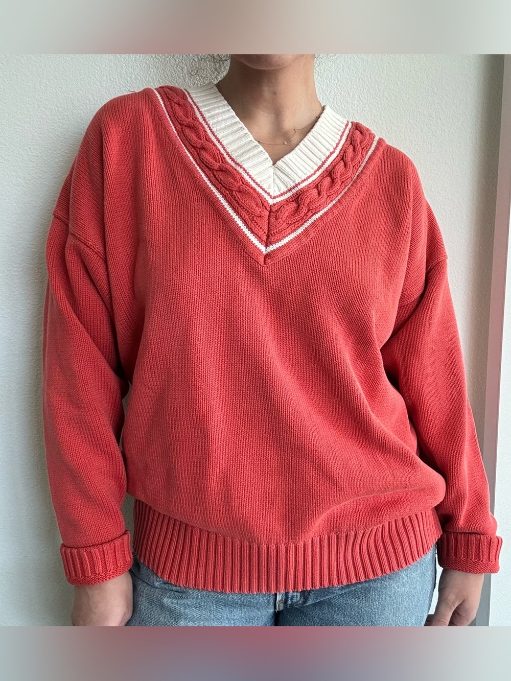 Vintage GAP Coral Pink Cream 100% Cotton V-Neck Cable Knit Sweater L